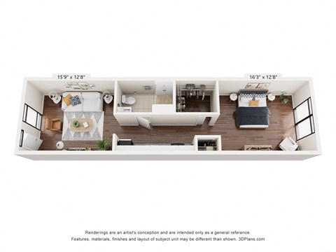 Floor plan for 1 bed, 1 bath, 630 sqft